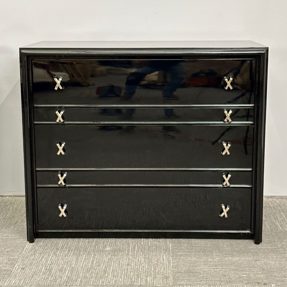 Pair Mid-Century Modern Commodes / Nightstands, Paul Frankl Style, Ebony Lacquer