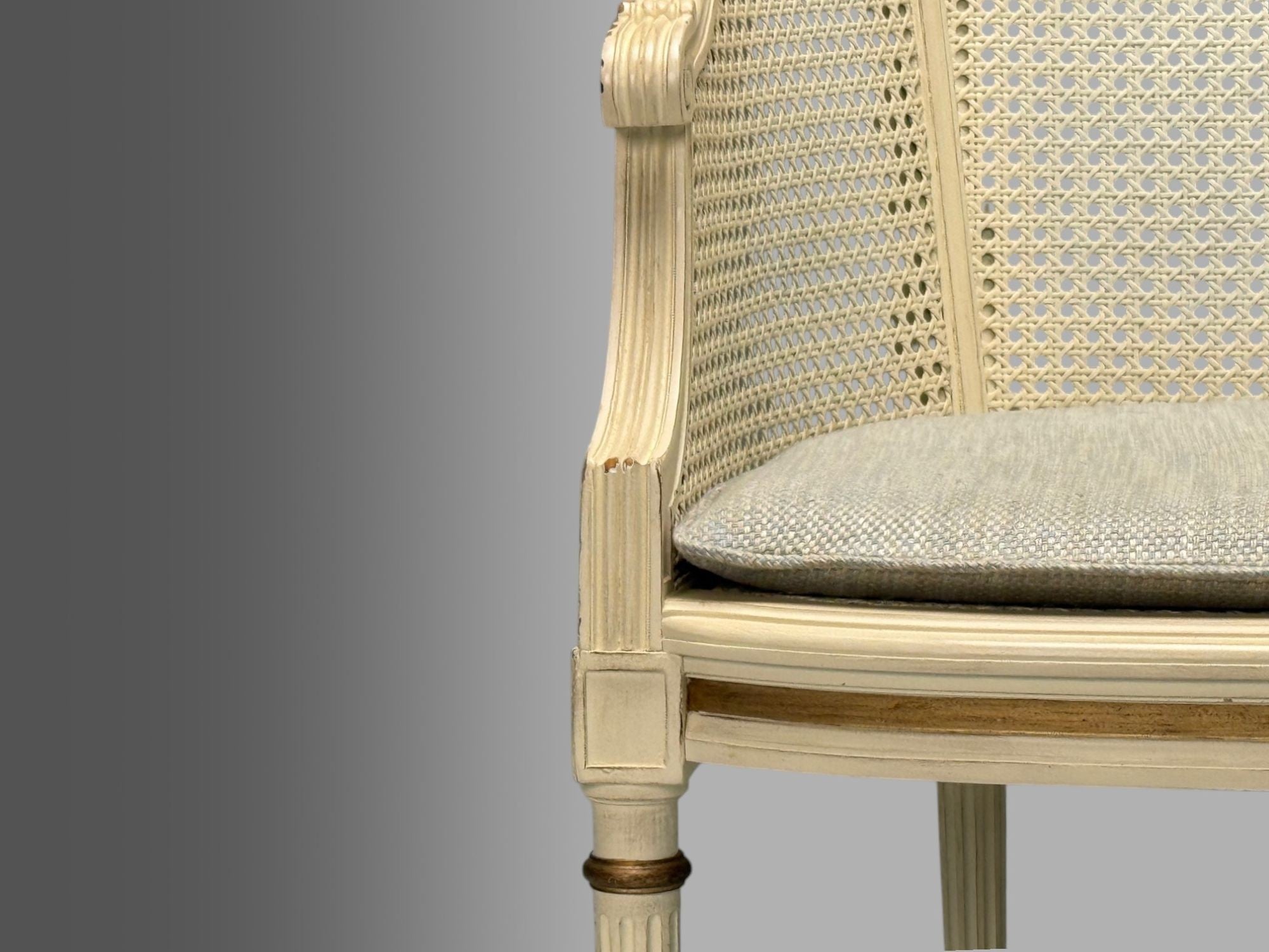 Louis XVI Style, Barrel Back Occasional Chair, Cream Painted Wood, Cane, 1960s