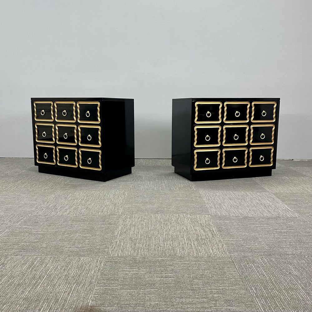 Dorothy Draper Style, Hollywood Regency, Commodes, Black Lacquer, Gilt, Brass