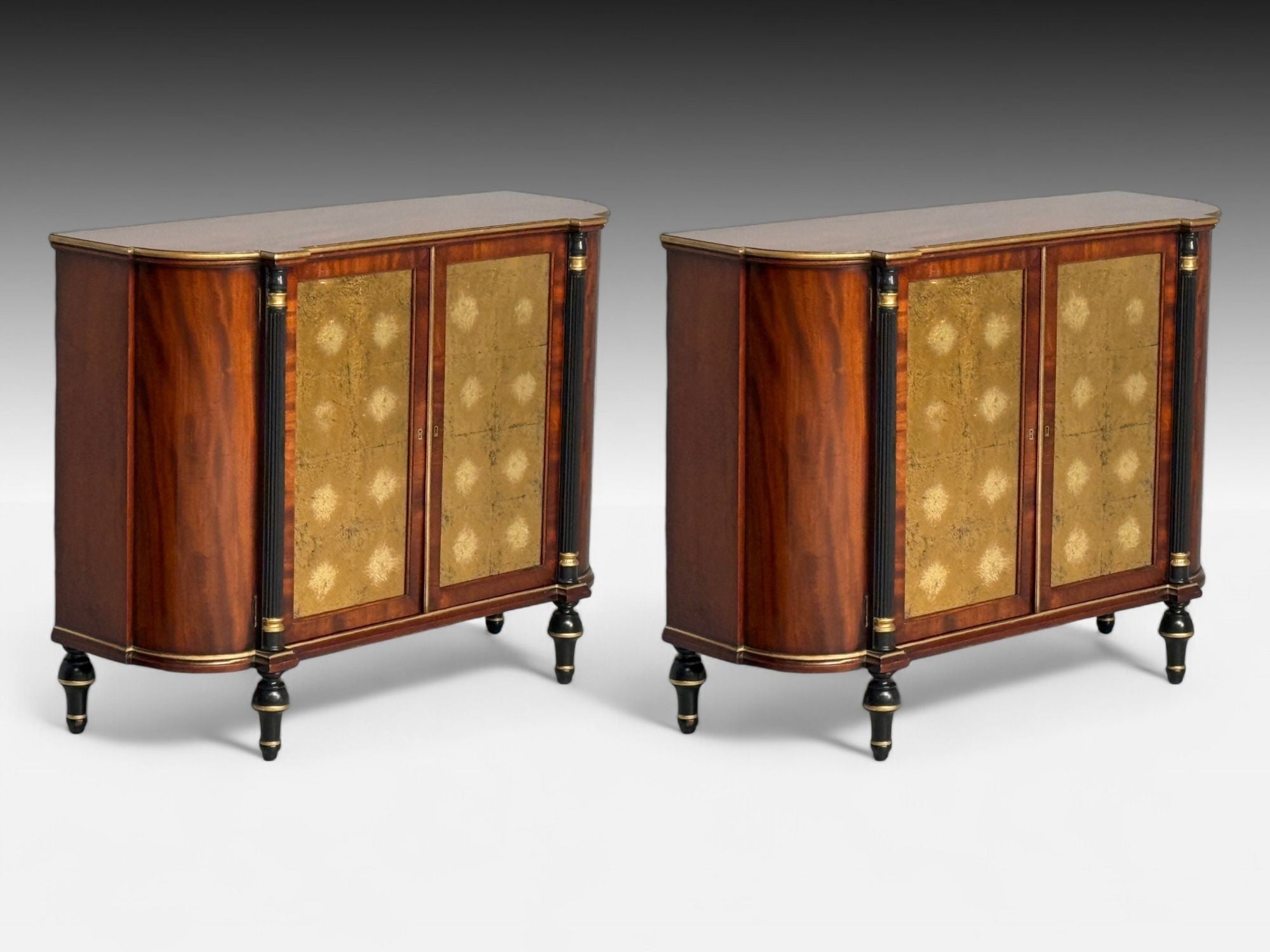 Maison Jansen Style, Console Table Cabinets, Flame Mahogany, Eglomise Glass