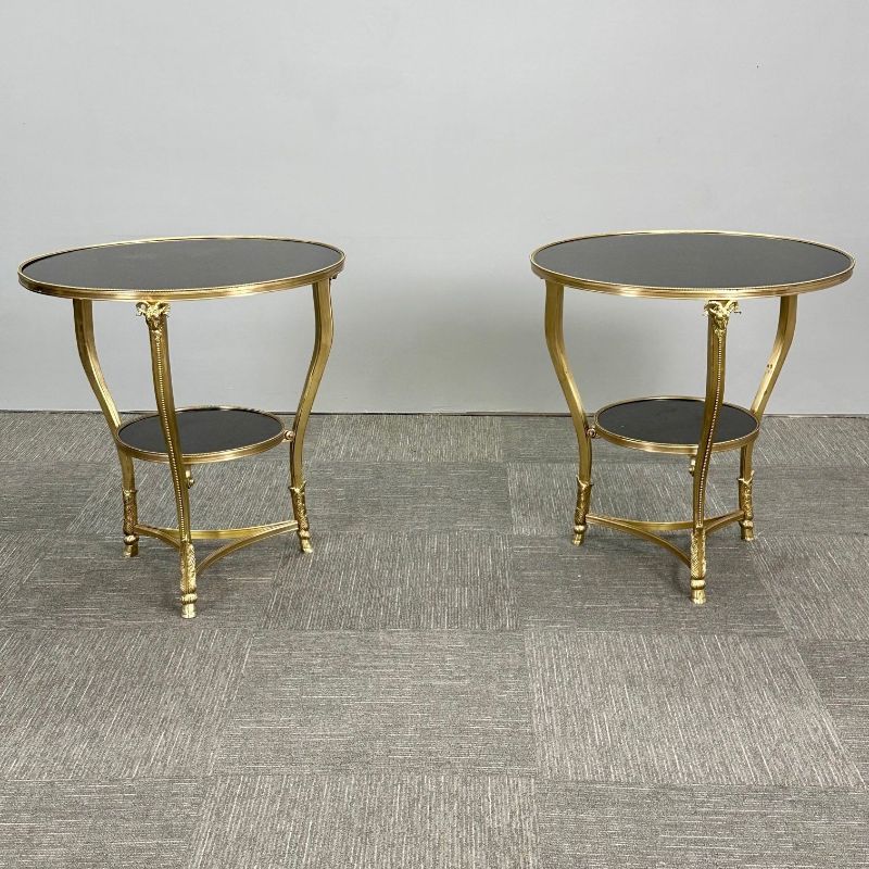 Pair of French Rams Head Gueridon, End or Side Tables, Black Marble Top, Bronze
