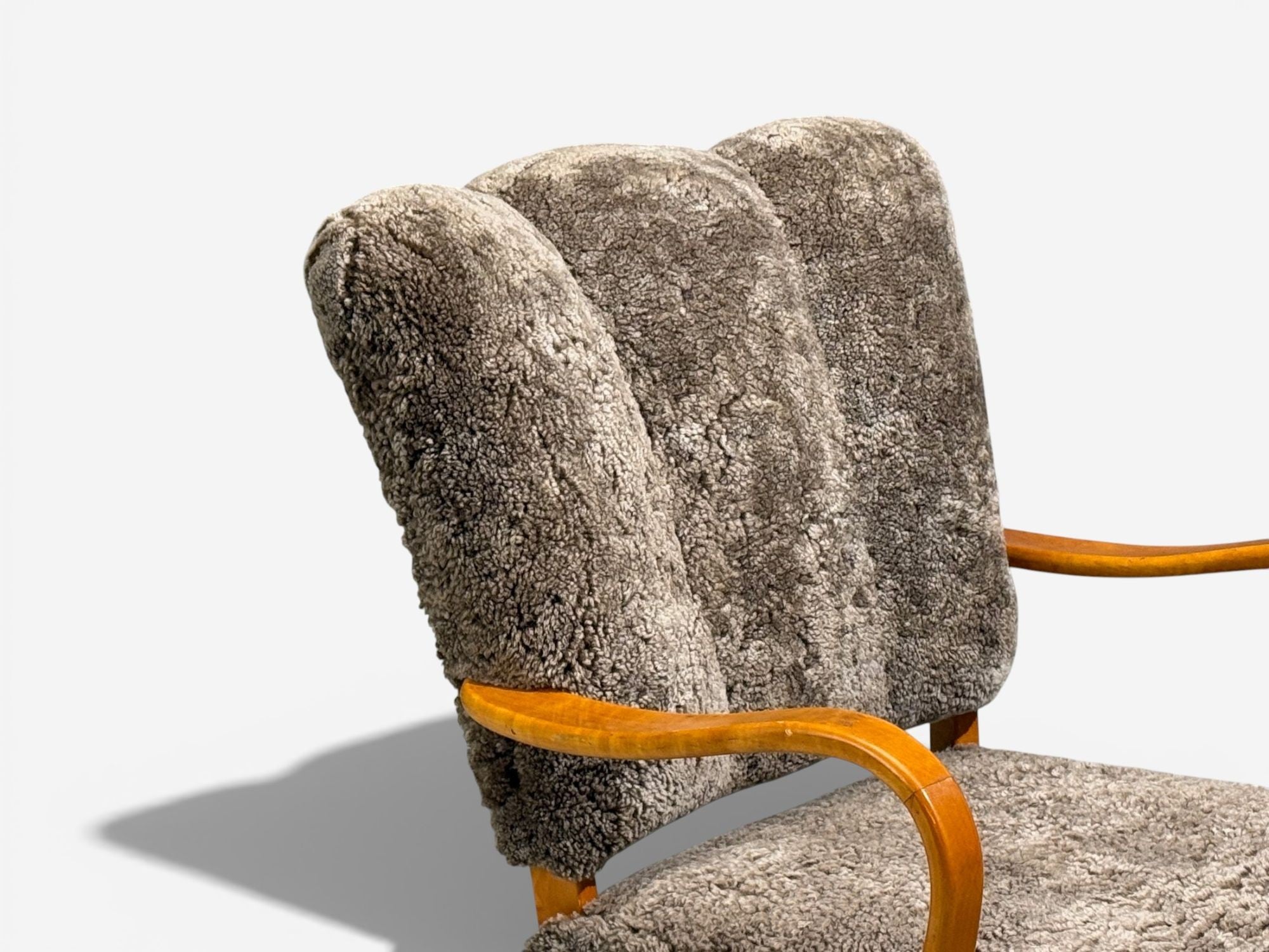 Swedish Modern, Lounge Chairs, Elm, Gray Shearling, Sweden, 1940s