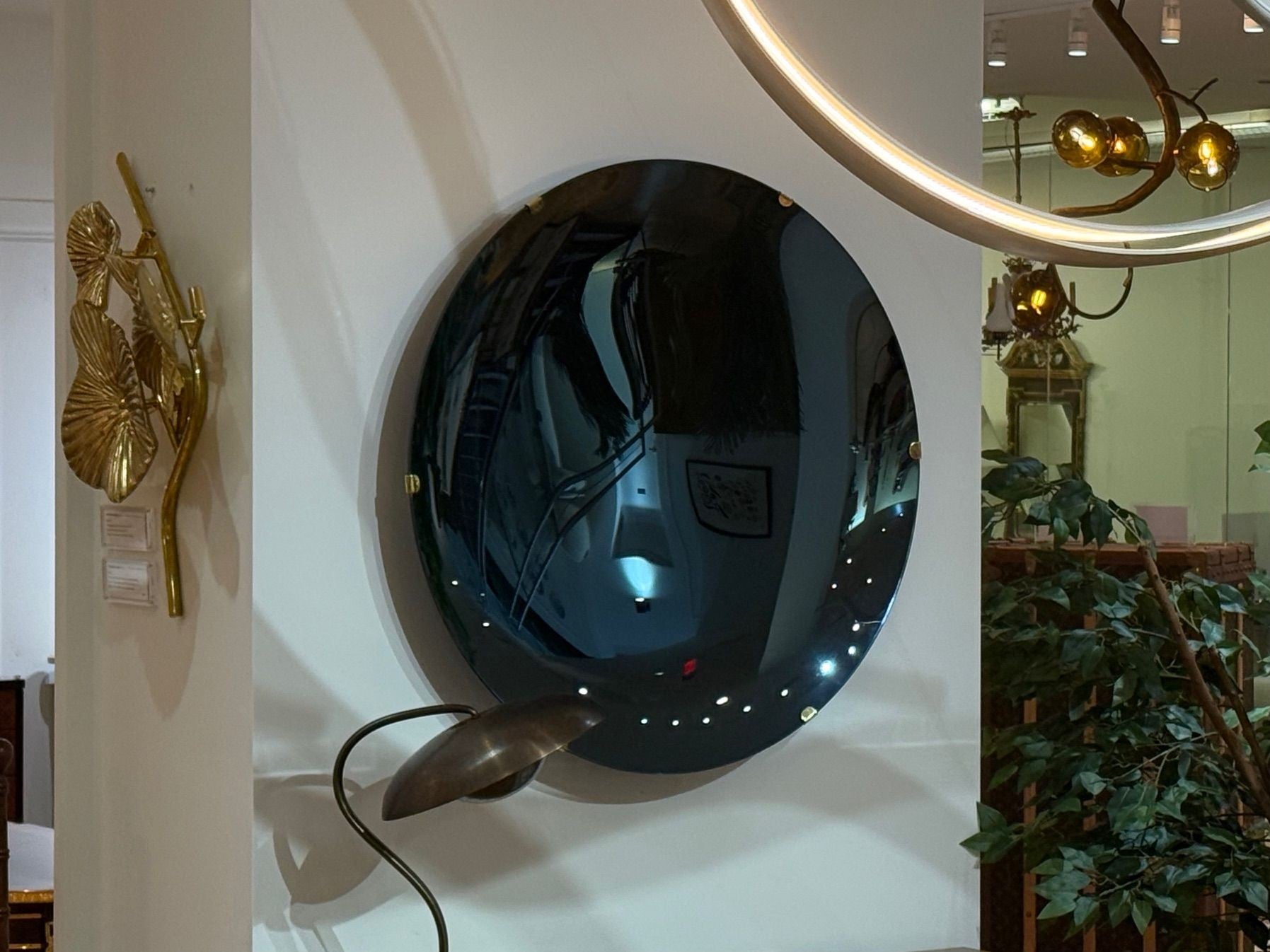 Contemporary, Modern Space Age Wall Mirror, Blue Concave Glass, Brass