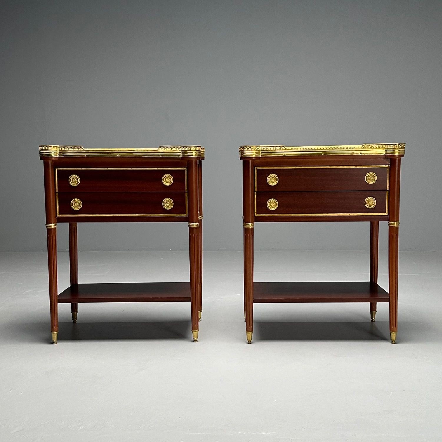 Maison Jansen Style, Hollywood Regency, Mahogany, Marble, Brass, Nightstands