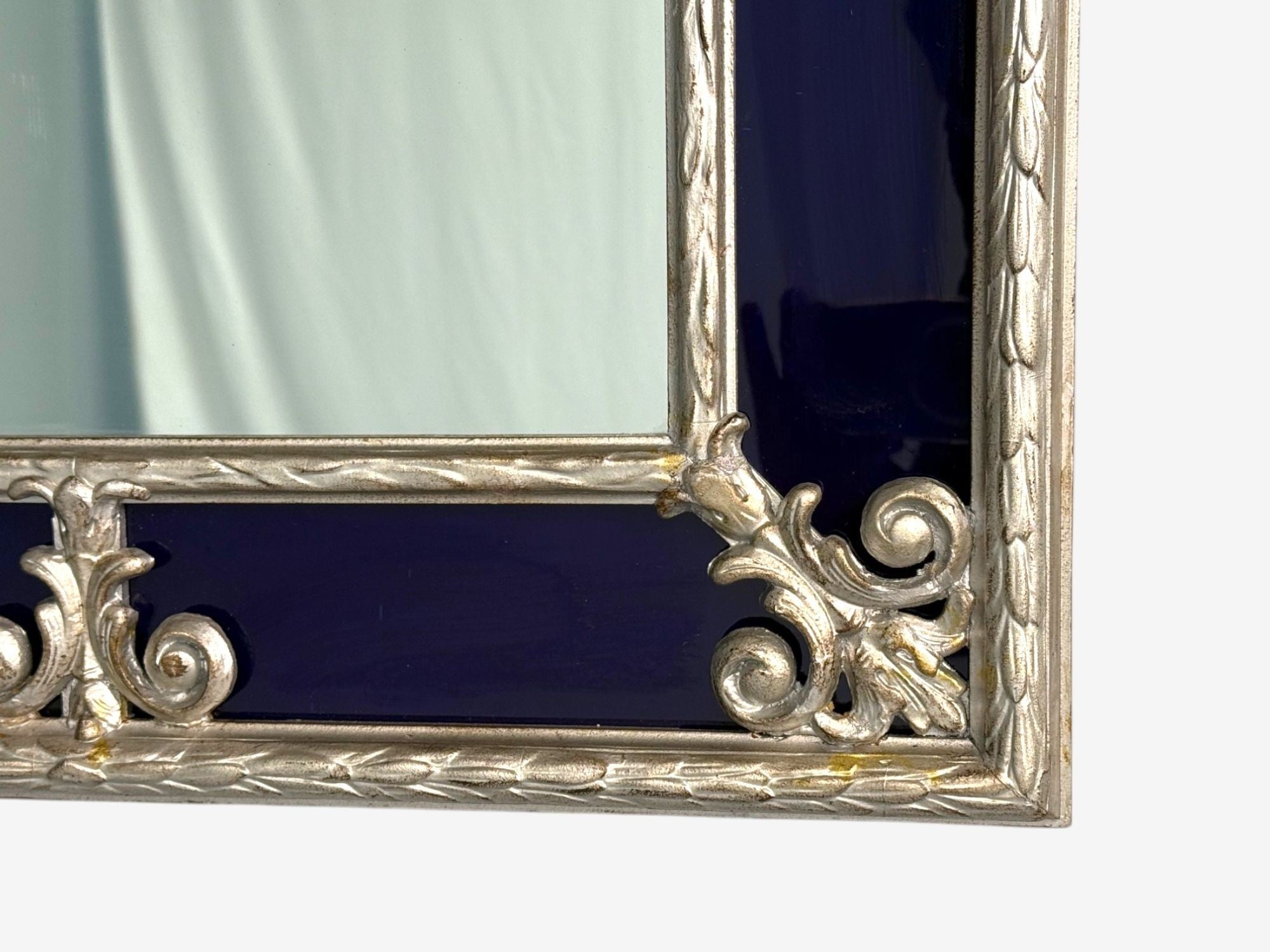 Hollywood Regency Style, Small Mirror, Cobalt Blue Glass, Silver Leaf, 1980s