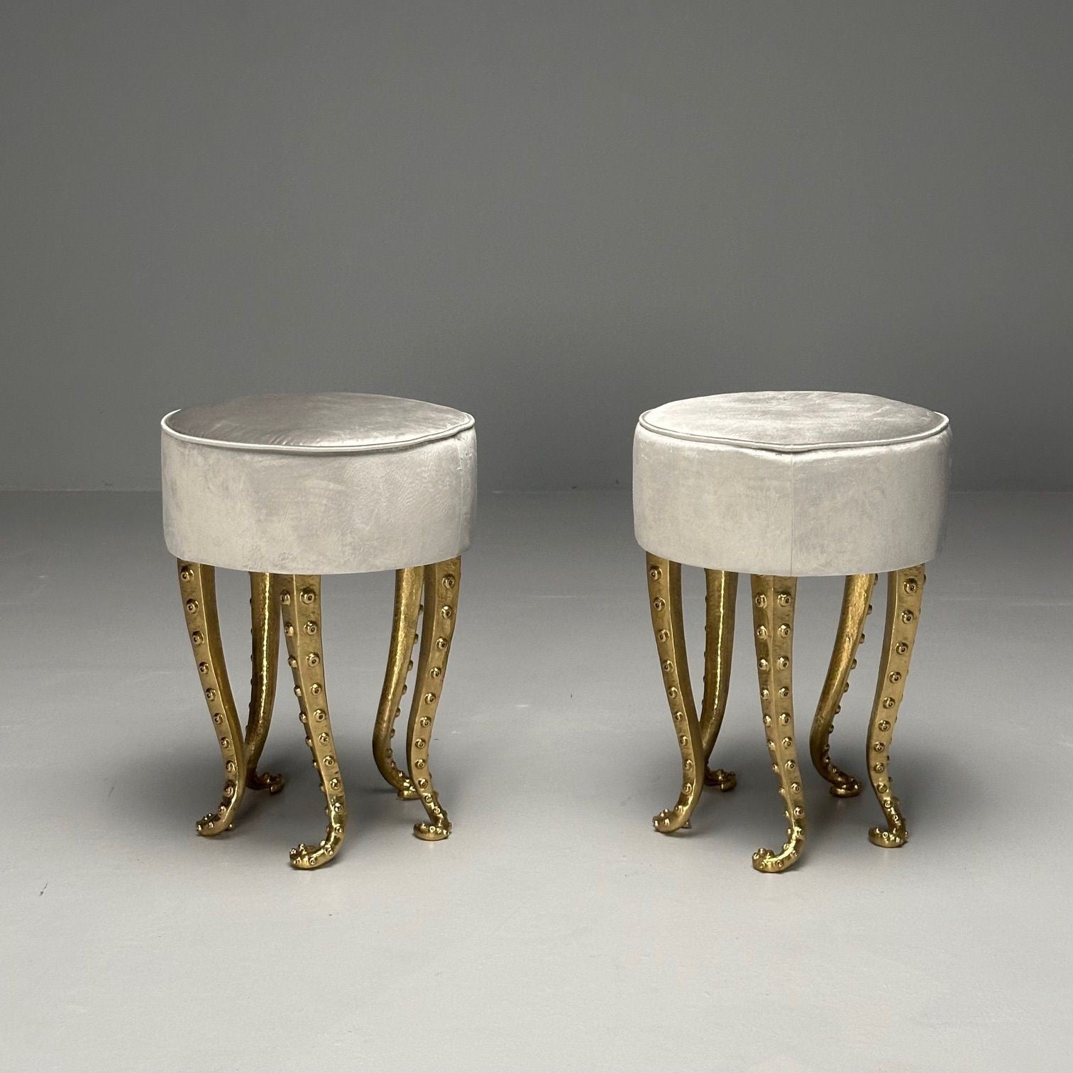Modern Octopus Stools, Cast Gilt Bronze, Grey Velvet