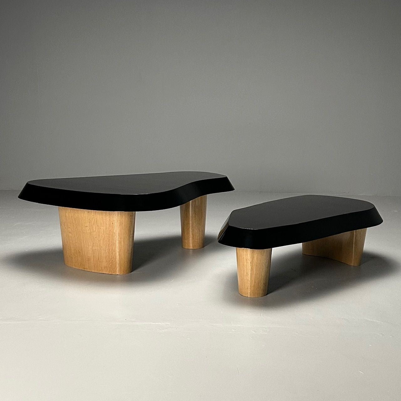 Contemporary, Organic Modern, Nesting Coffee Tables, Black Lacquer, Oak, 21st C.