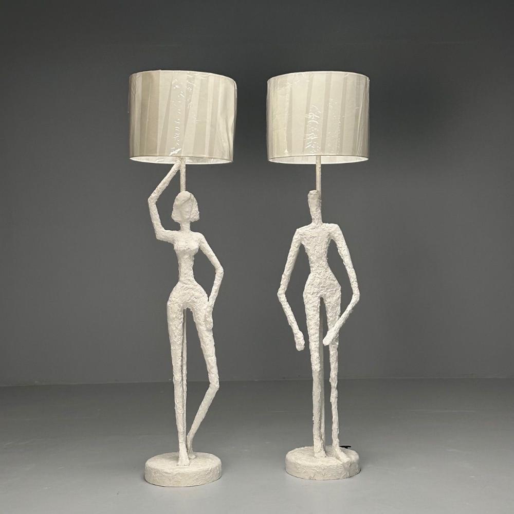Giacometti Inspired, Contemporary, White Floor Lamps, Plaster, Wood, 2024