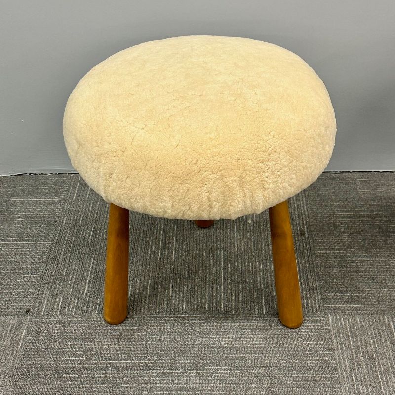 Pair Contemporary Swedish Modern Style Sheepskin Footstools / Ottomans, Beige