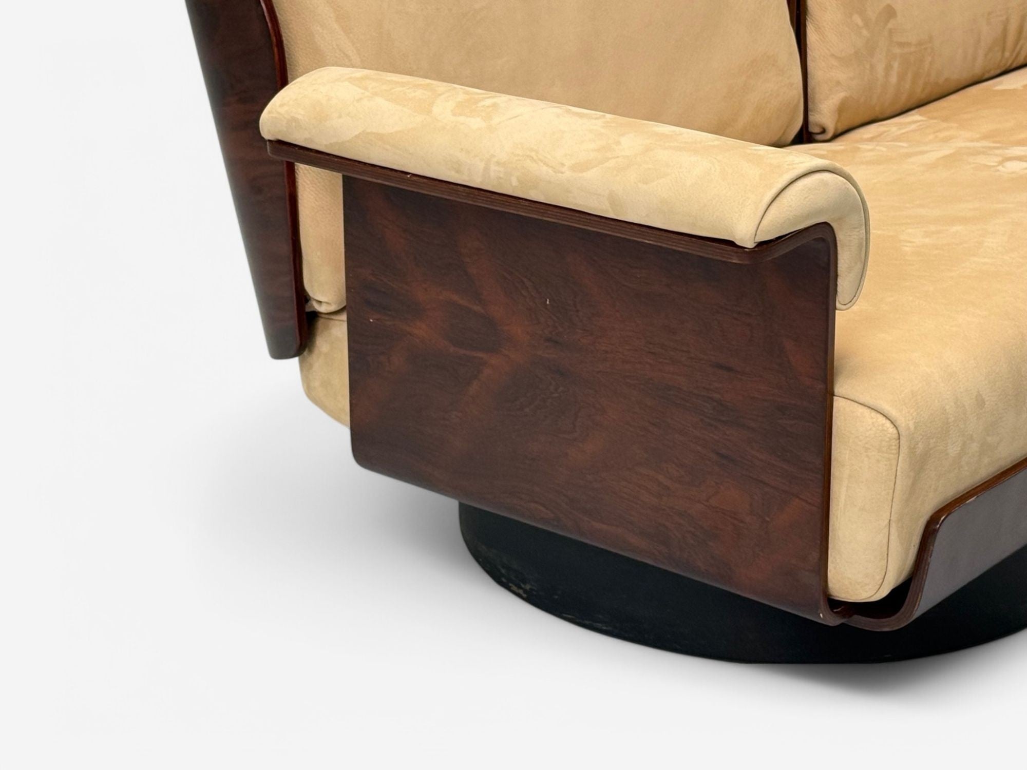 Bernard Brunier, French Mid-Century Modern, Rosewood, Suede, Settee, 1960s