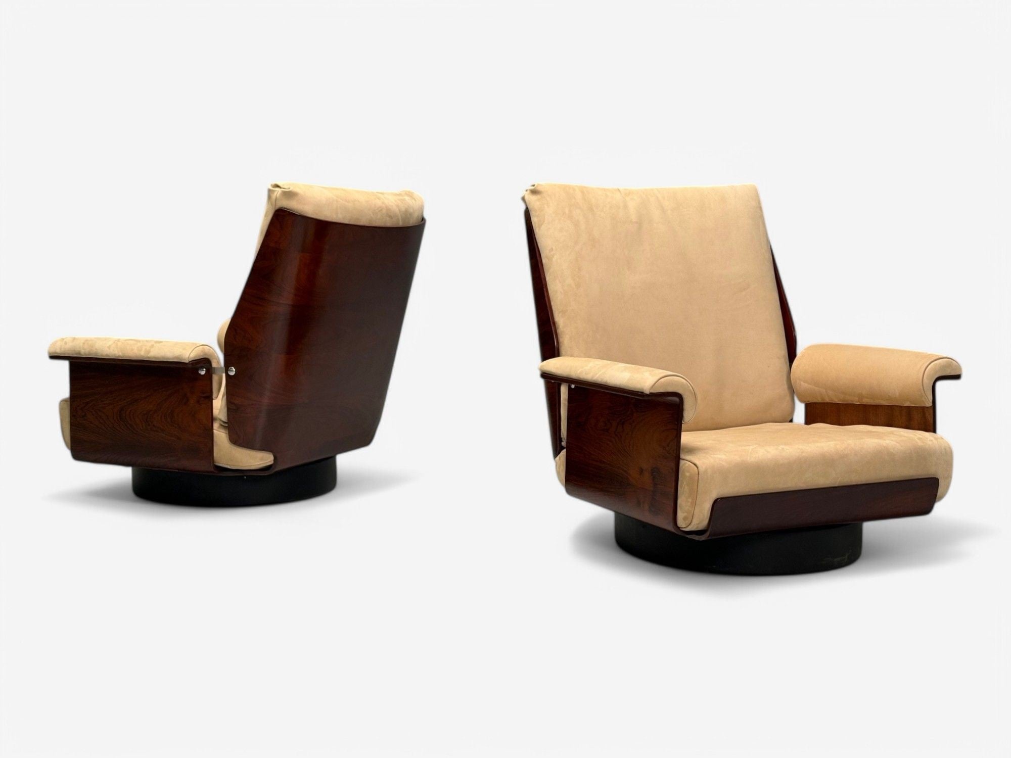 Bernard Brunier, French Mid-Century Modern, Rosewood, Suede, Low Lounge Chairs