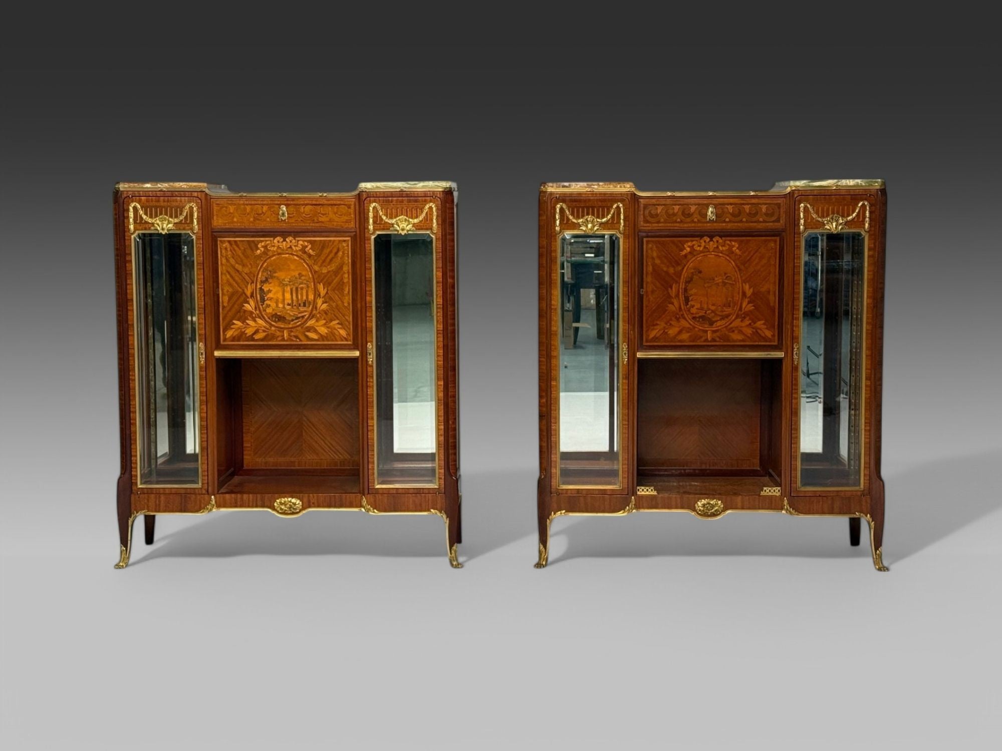 Haentges Frères, Louis XVI, Marquetry, Bronze, Vitrine Cabinets, Paris, 19th C.