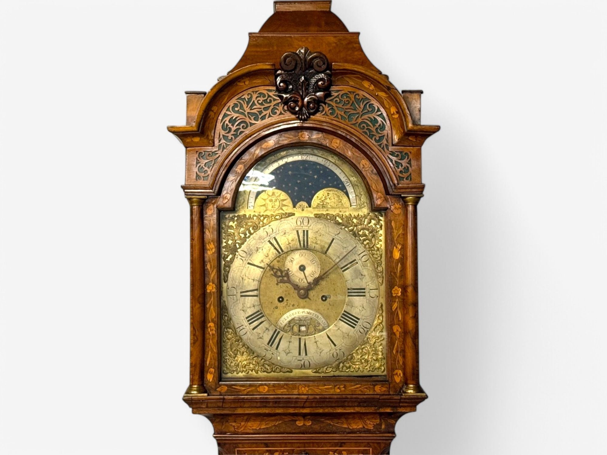 JP Kroese, Dutch Baroque, Marquetry, Moon Face Dial, Grandfather Clock, 18th C
