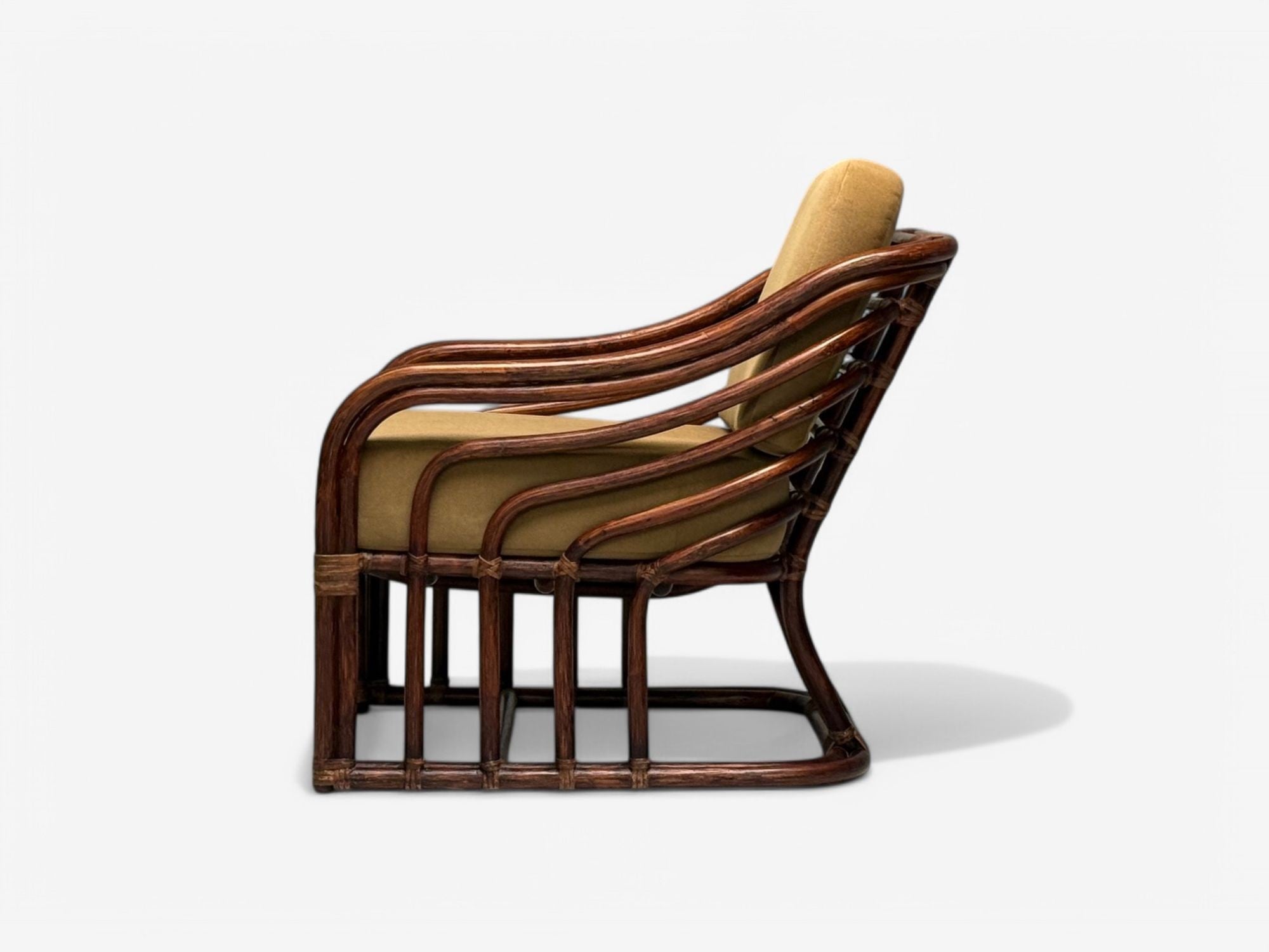 Brown Jordan, Mid-Century Modern, Bamboo, Camel Fabric, Lounge Chairs, 1960s