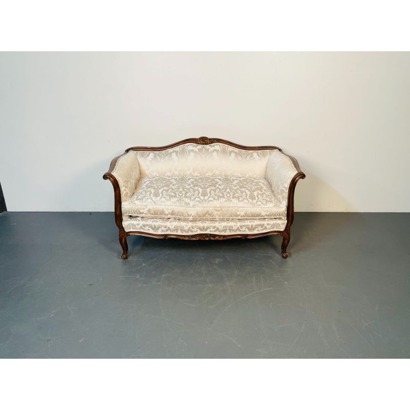 Small Louis XV Mahogany Carved Settee / Sofa, Floral Silk Upholstery