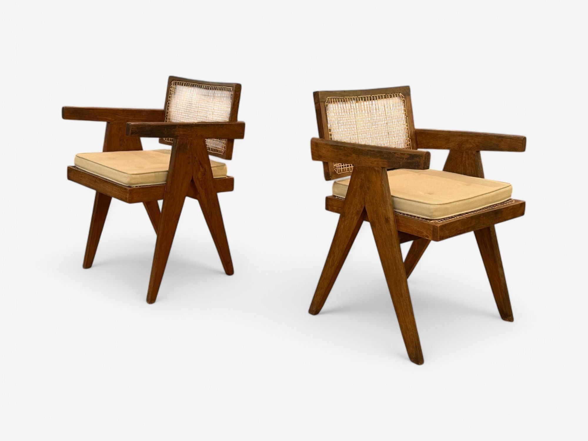 Pierre Jeanneret, Teak, Cane, Four Floating Back Chairs, Chandigarh, 1960s