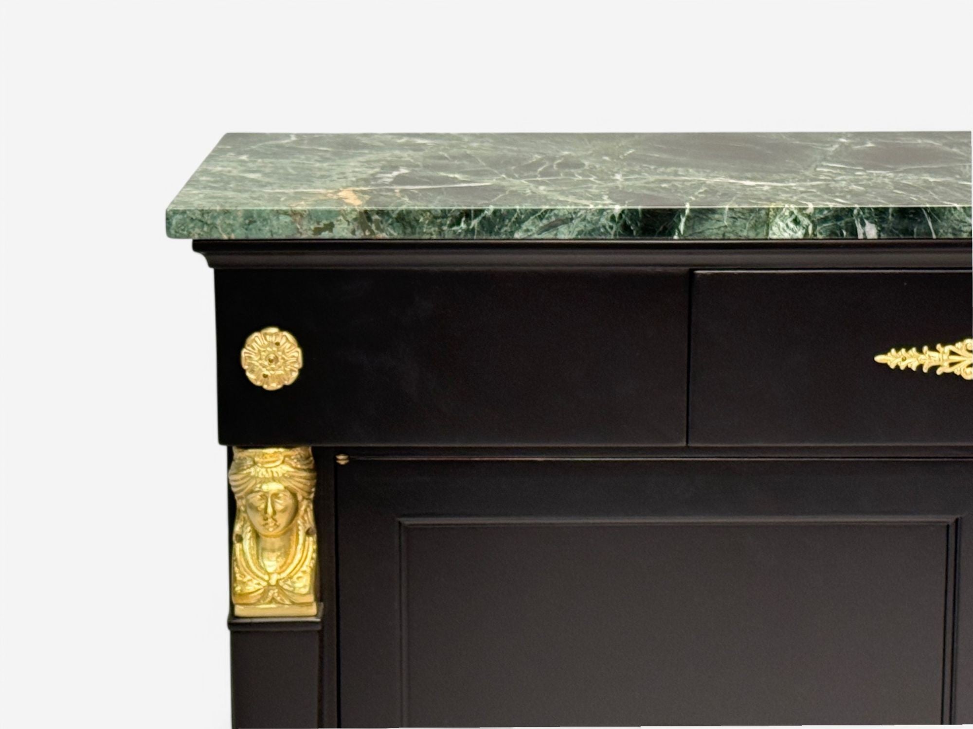 Hollywood Regency, Empire Style, Satin Black Wood, Bronze, Credenza, 1940s