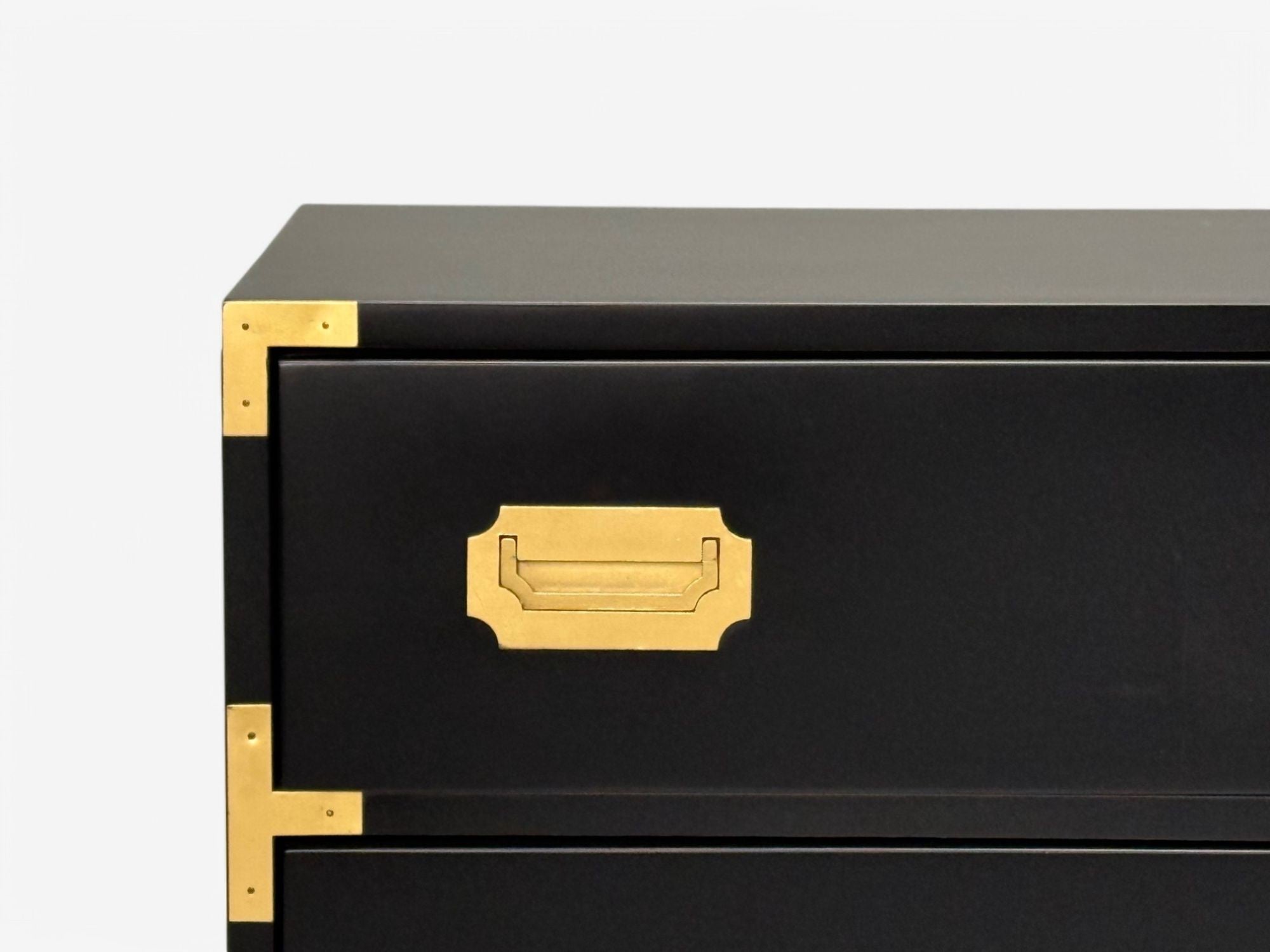 Hollywood Regency, Satin Black Wood, Brass, Campaign Dresser USA, 1970s