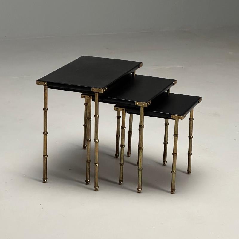 Jacques Adnet, French Mid-Century Modern, Nesting Tables, Leather, Brass, 1950s