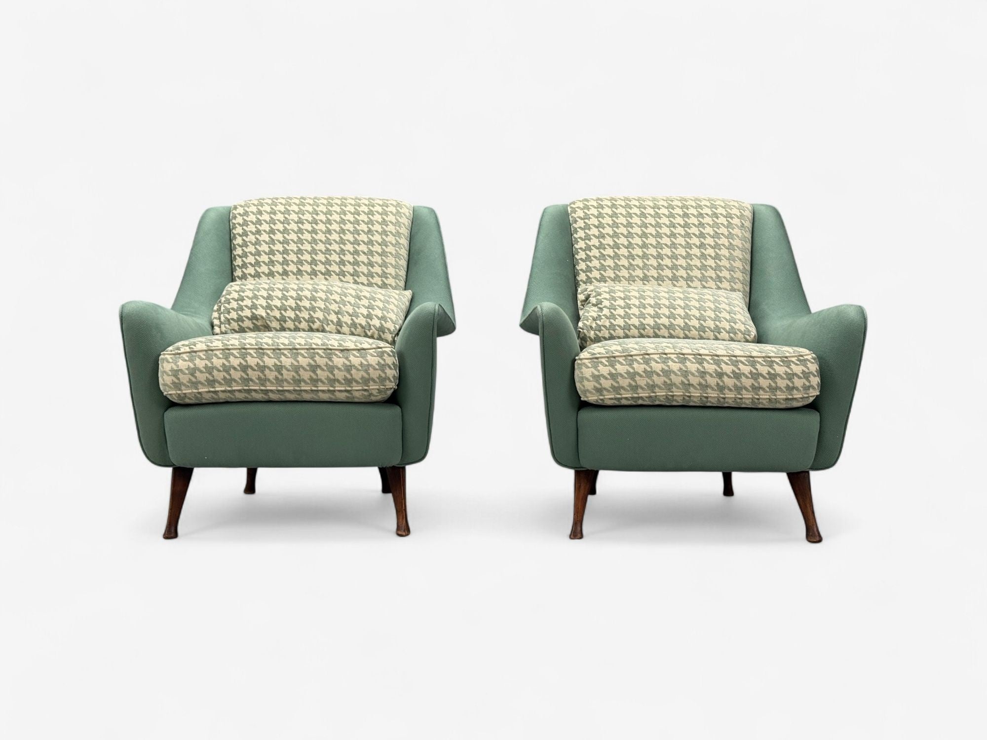 Carlo Pagani attr., Fabric, Wood, Lounge Chairs, Italy, 1950s