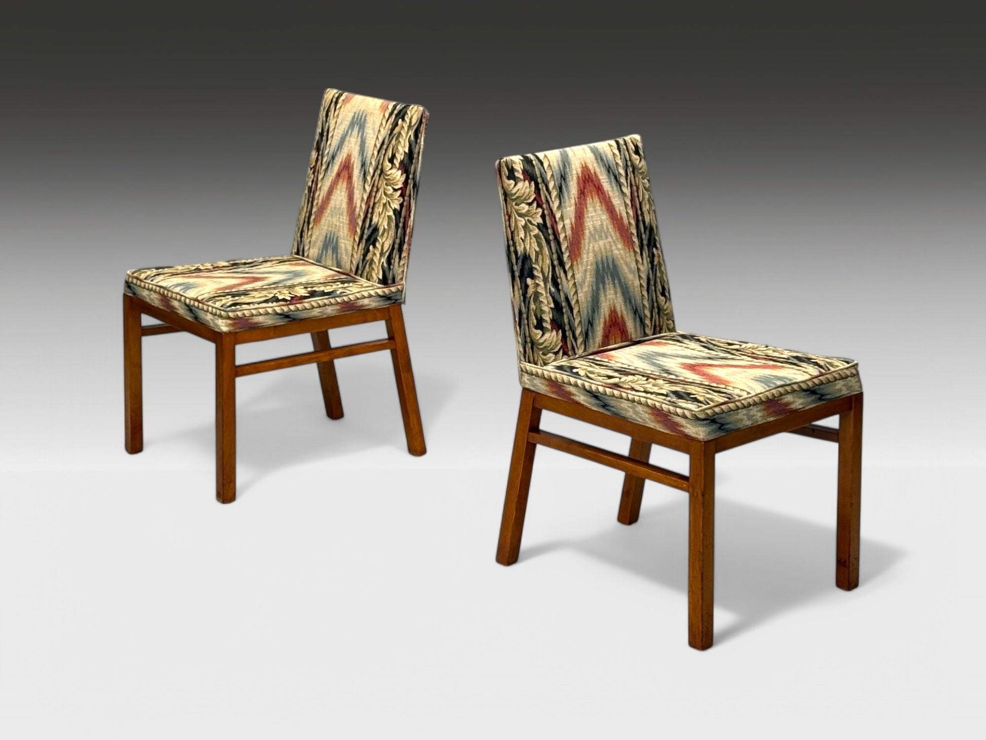 T.H. Robsjohn-Gibbings, Walnut, Scalamandre Fabric, Dining Chairs, USA, 1950s