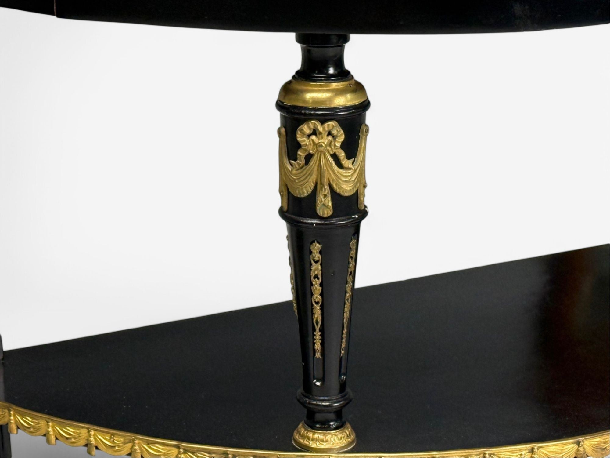 Hollywood Regency, Ebony Painted Wood, Onyx, Demilune Console Tables, 1930s