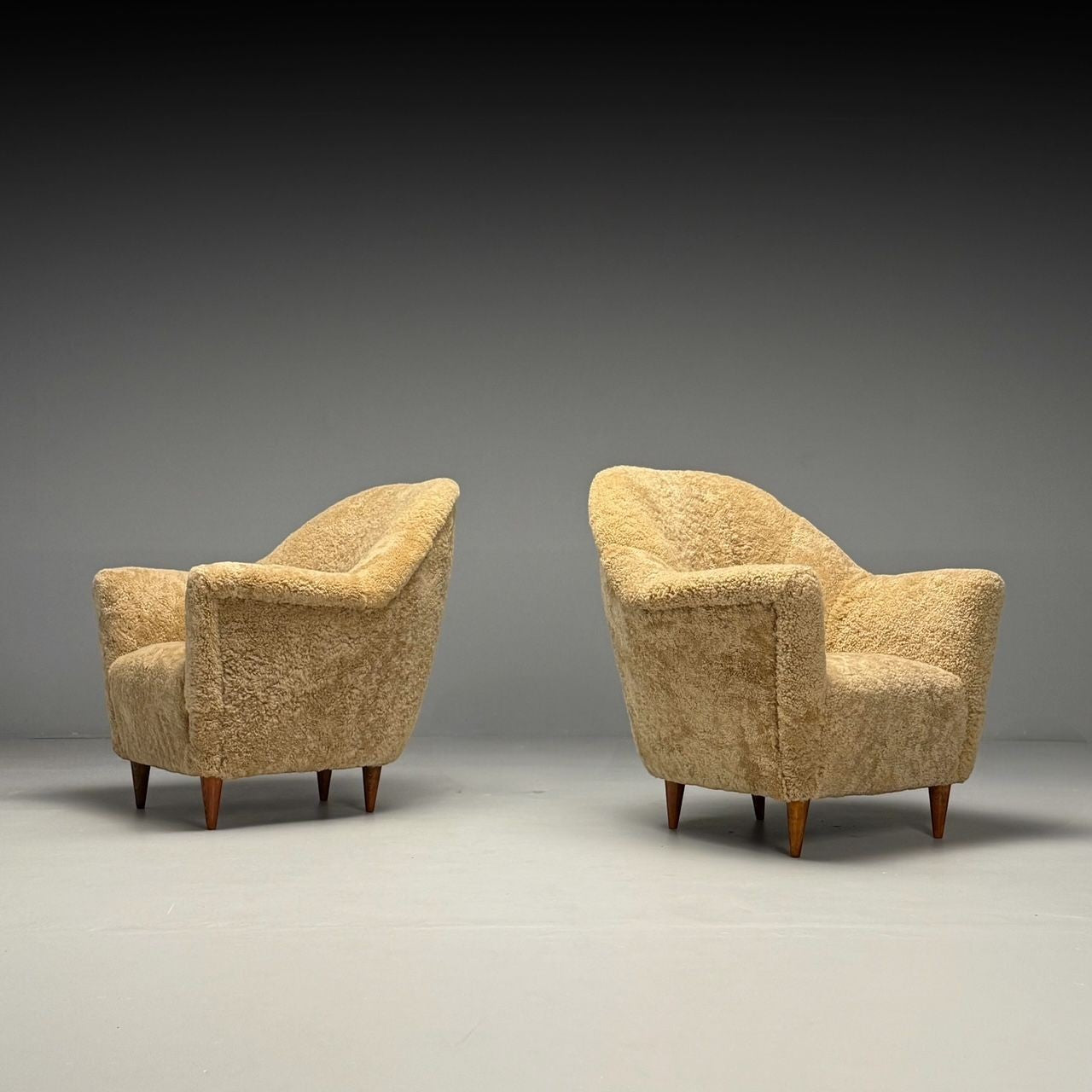 Italian Modern, Honey Shearling, Stained Wood, Lounge Chairs, Italy, 1950s