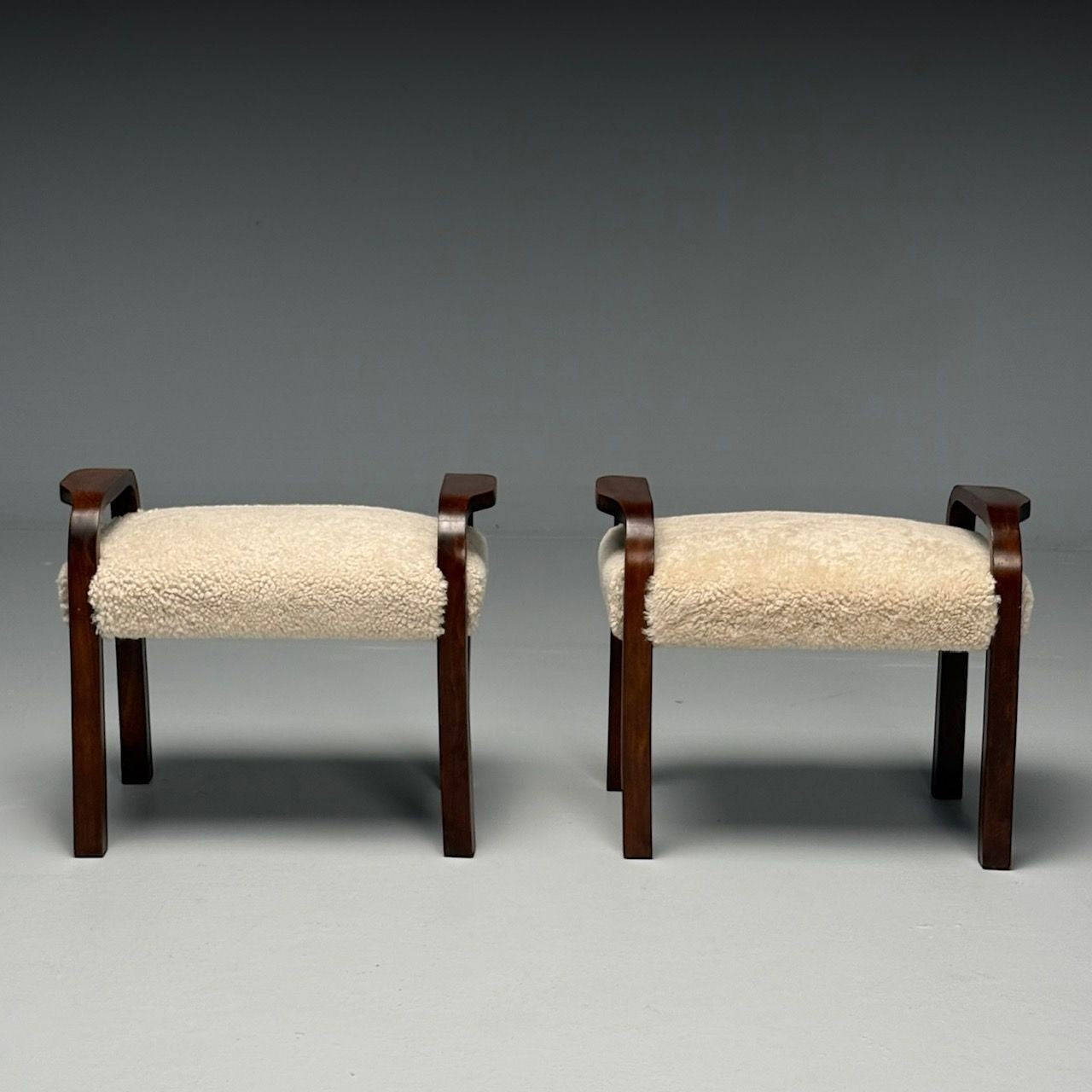Italian Mid-Century Modern, Footstools, Beige Shearling, Mahogany, Italy, 1950s