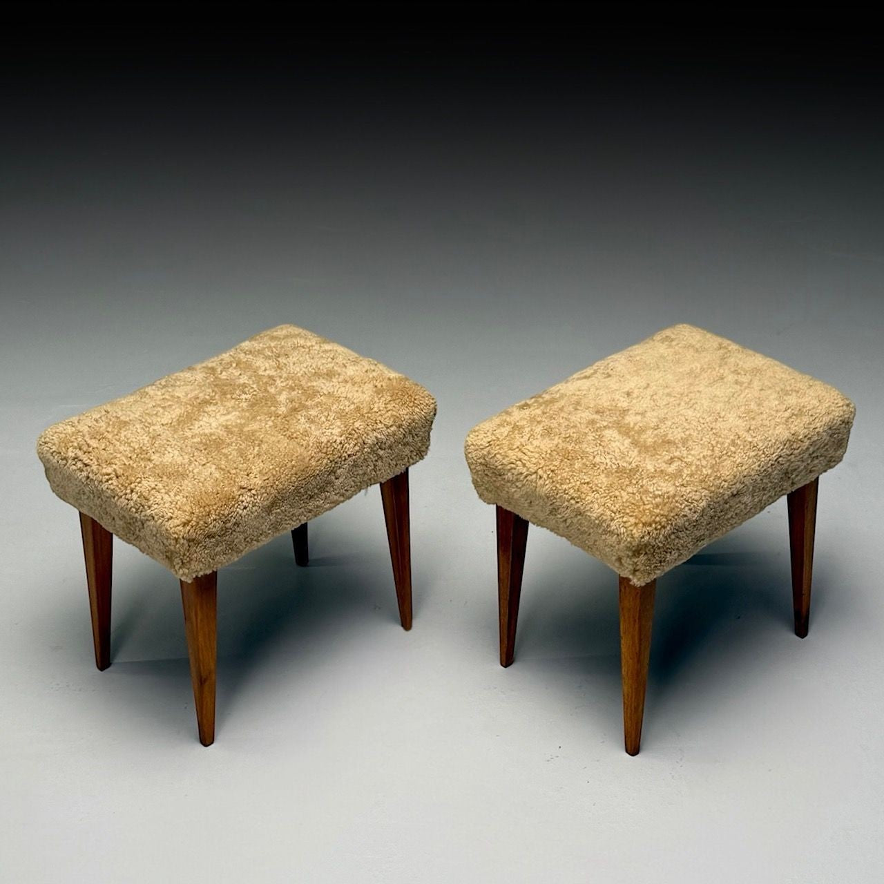 Mid-Century Modern, Footstools, Honey Sheepskin, Stained Wood, Italy, 1950s