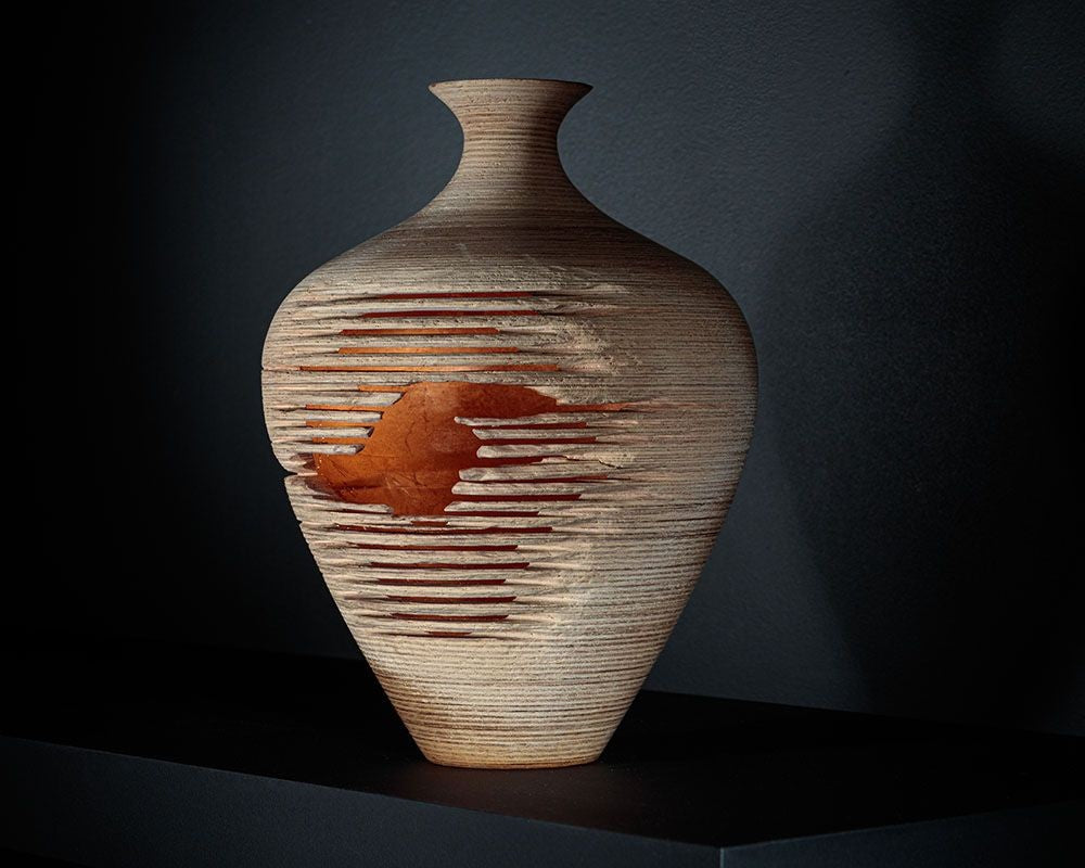 Marc Fish, Contemporary, Ash, Rose Gold Leaf, Three Triptych Vessels, UK, 21st c