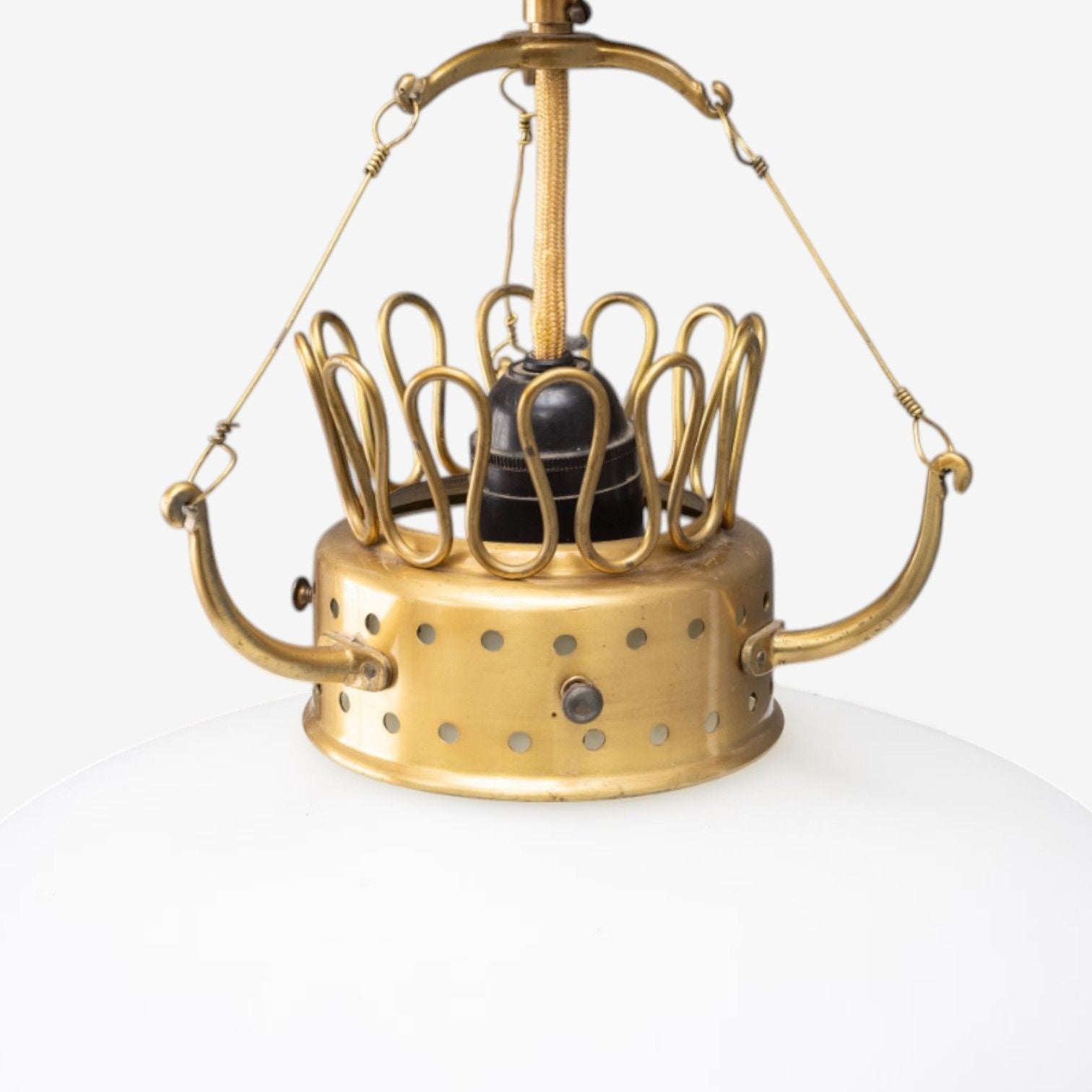 Swedish Modern, Opal Glass, Patinated Brass, Pendant Light, Sweden, 1940s