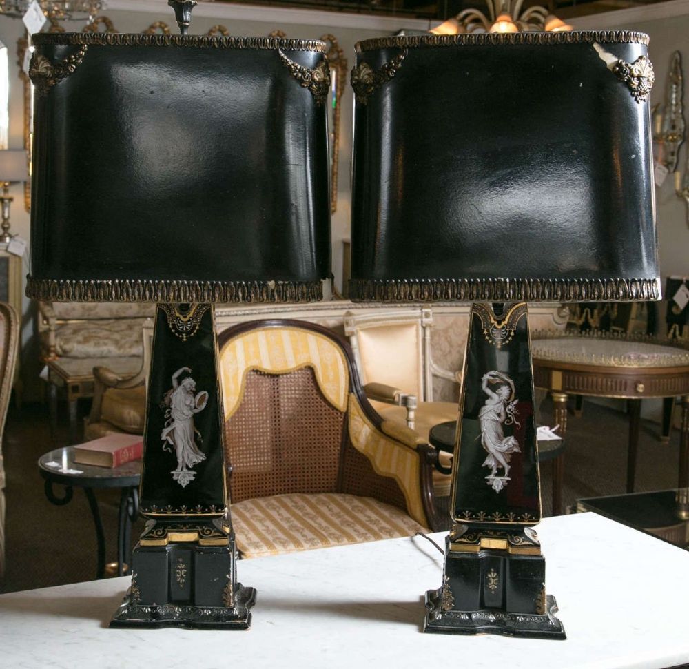 Pair Exquisite Opaline and Paint Decorated Table Lamps W/ Opposing Dancing Lady