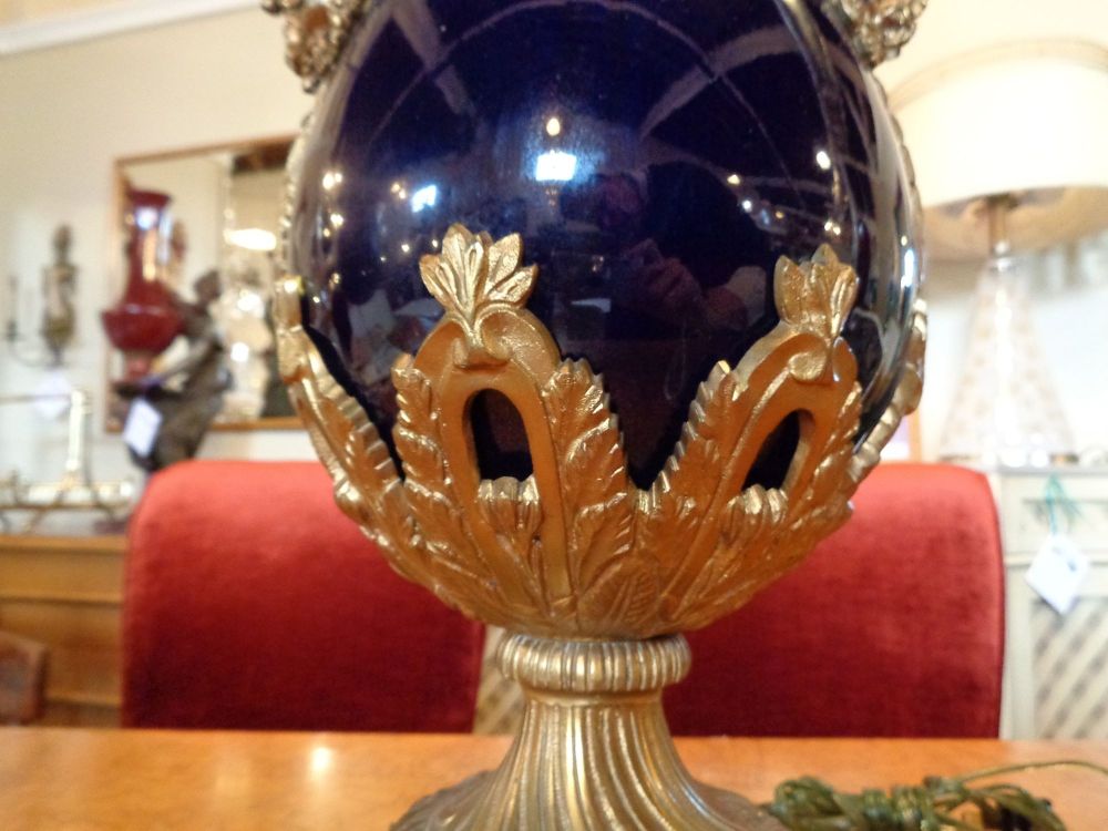Sevres Style Cobalt Blue Porcelain & Bronze Swan Handle Urn Mounted as a Lamp