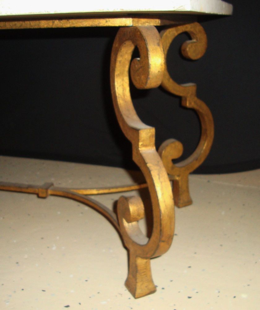 Hollywood Regency French Brass Base Coffee Cocktail Table Inlaid Marble Top