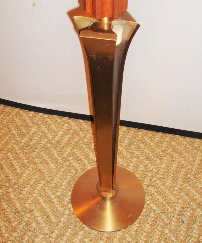 Pair of Mid-Century Modern Teak and Brass Standing "Prickets" Candlesticks