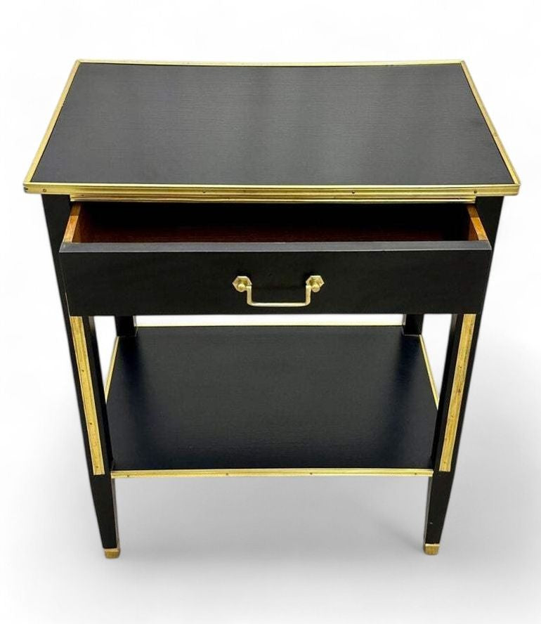 Maison Jansen Style, Hollywood Regency, Nightstands, Black Painted Wood, Brass