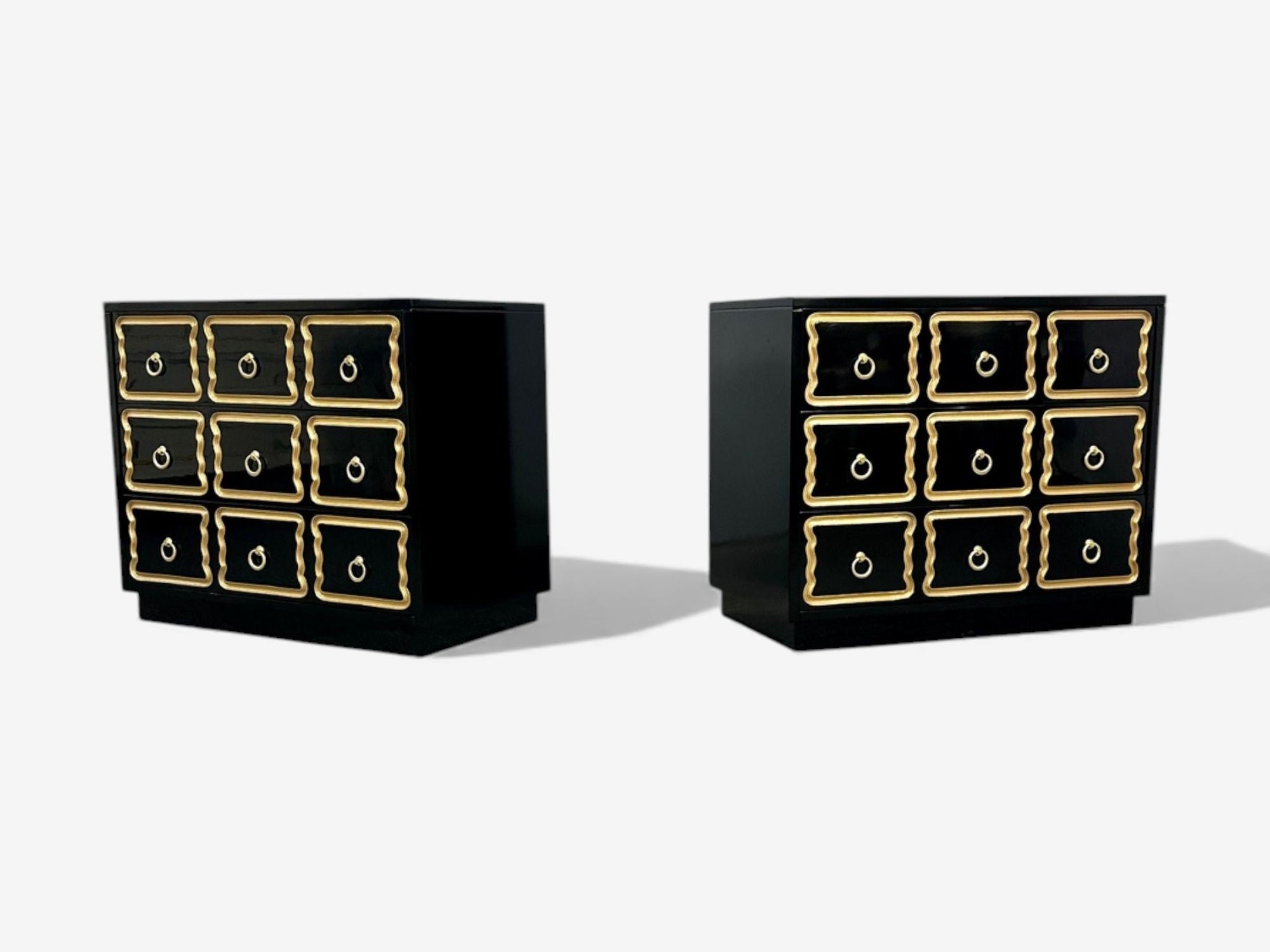 Dorothy Draper Style, Hollywood Regency, Black Lacquer, Gilt, Brass, Commodes
