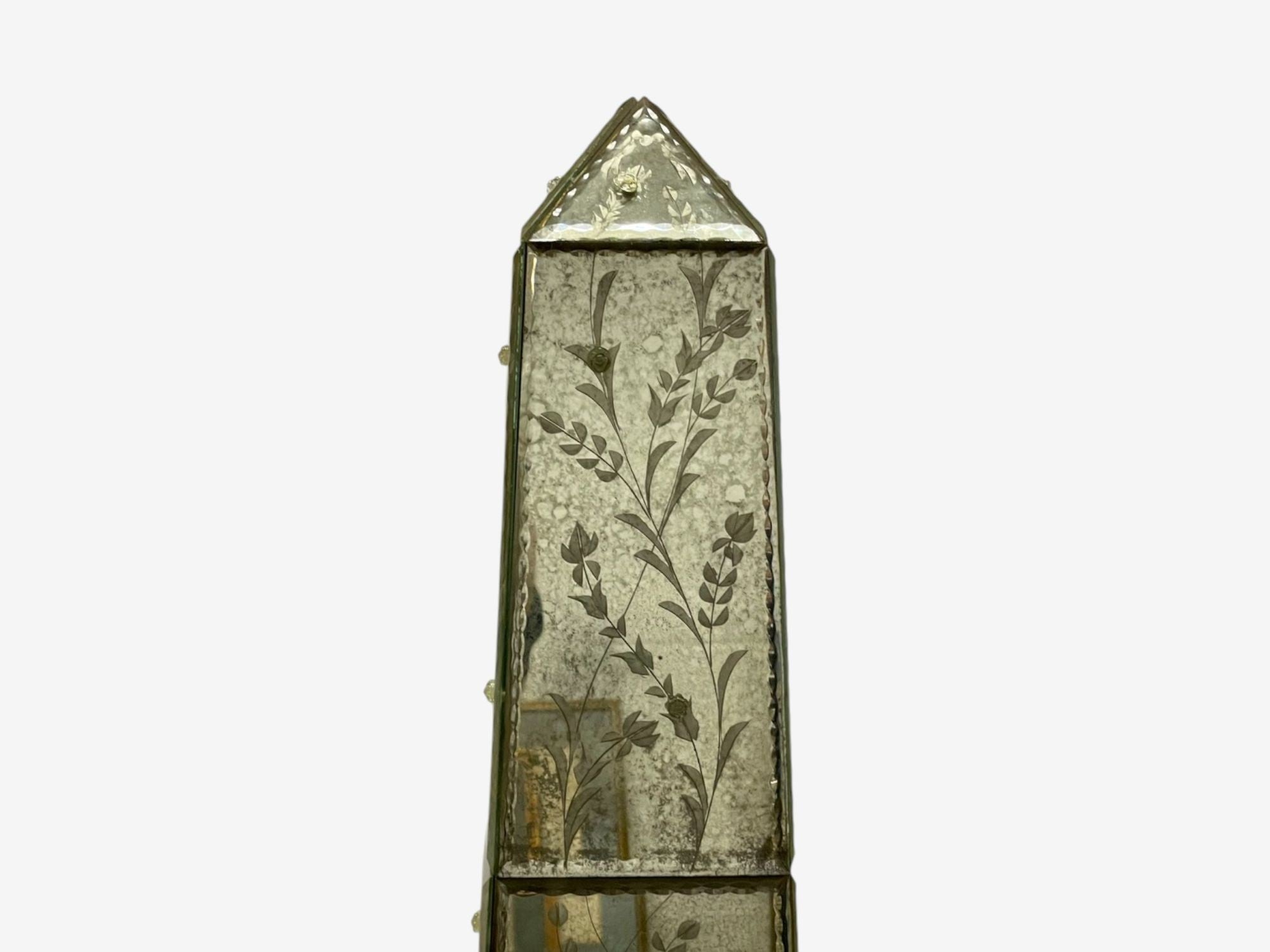 Venetian, Etched Glass Panels, Distressed Mirror, Obelisks, 20th C.