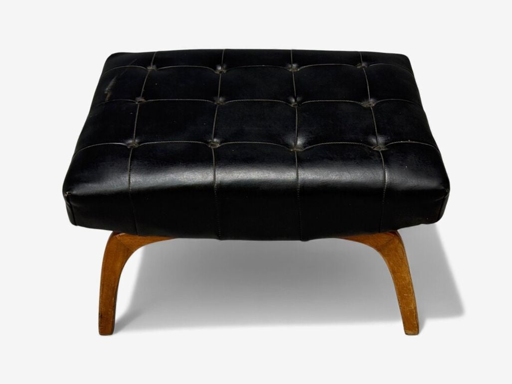 Danish Modern, Black Leatherette, Stained Wood, Footstool, Denmark, 1950s