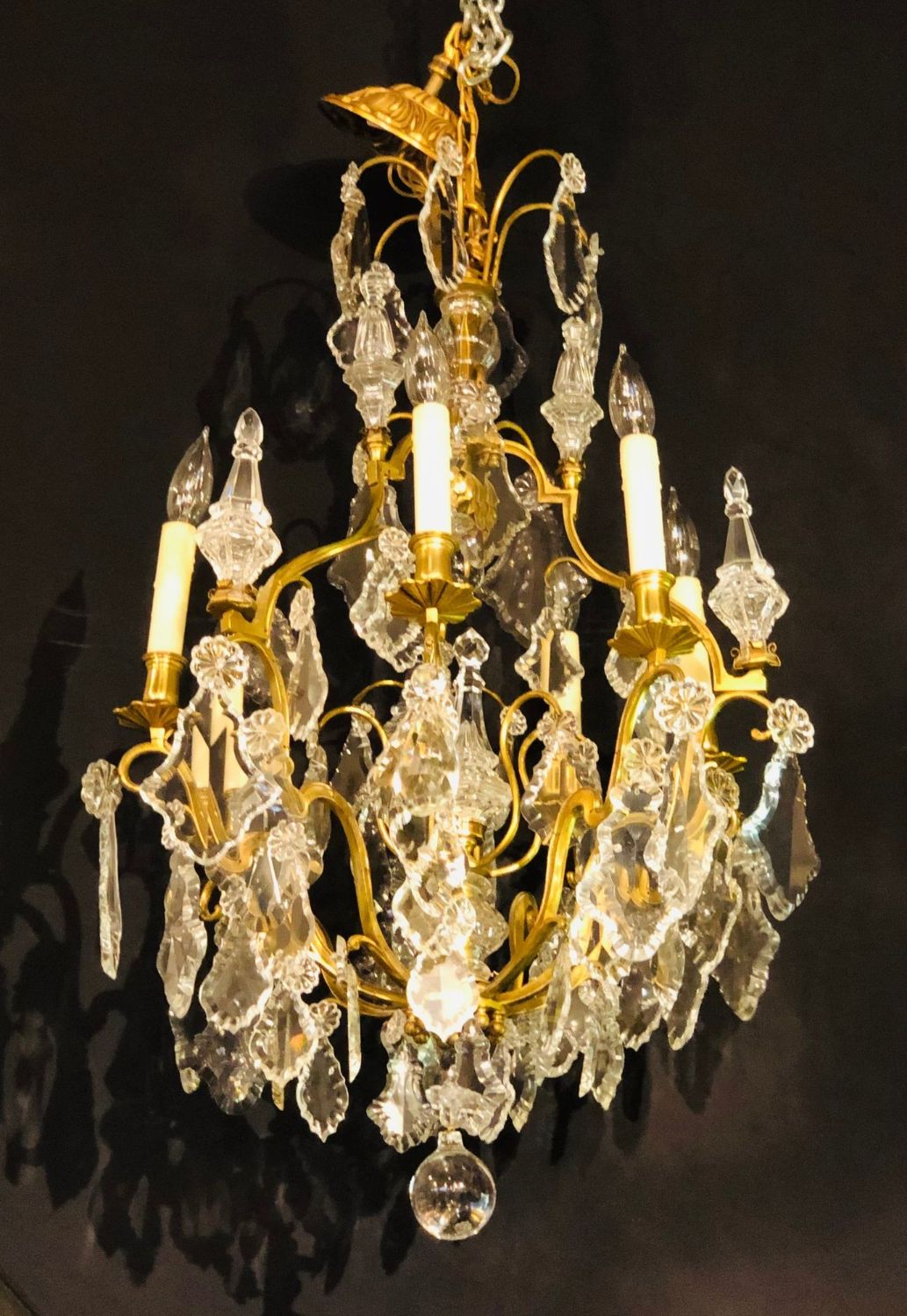 French Bronze and Crystal Gilt Chandelier, Louis XVI Style