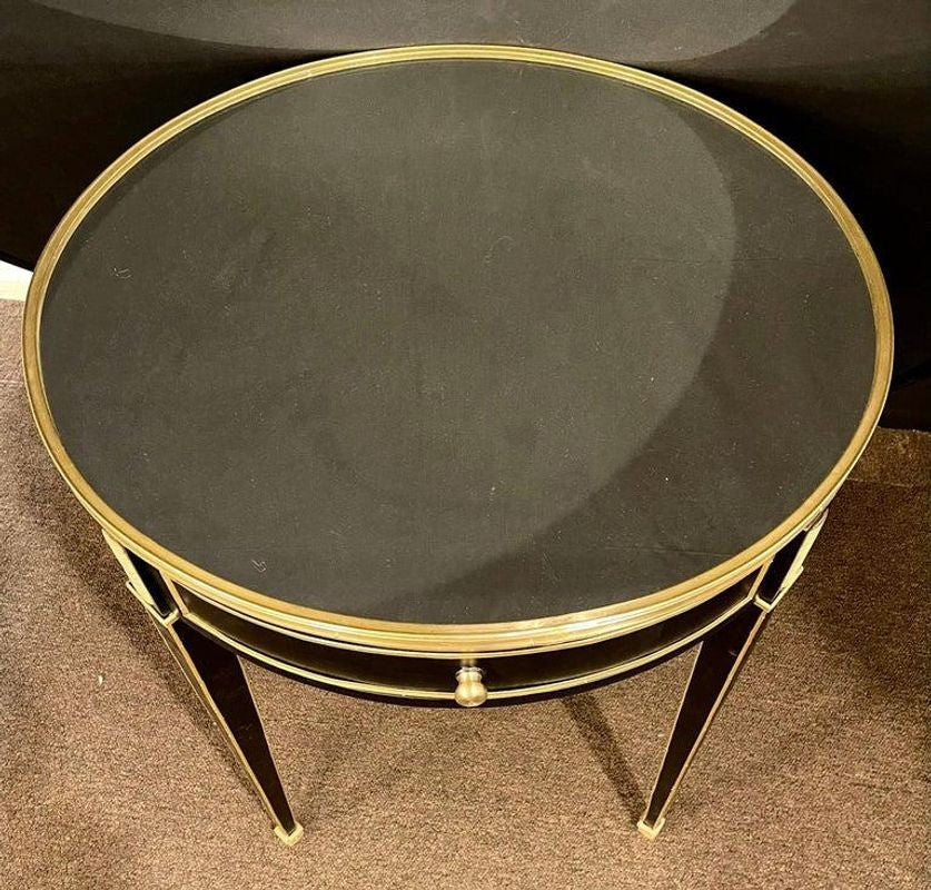 Hollywood Regency Ebony Bouillote or End Tables, Manner Jansen Mirror Tops, Pair