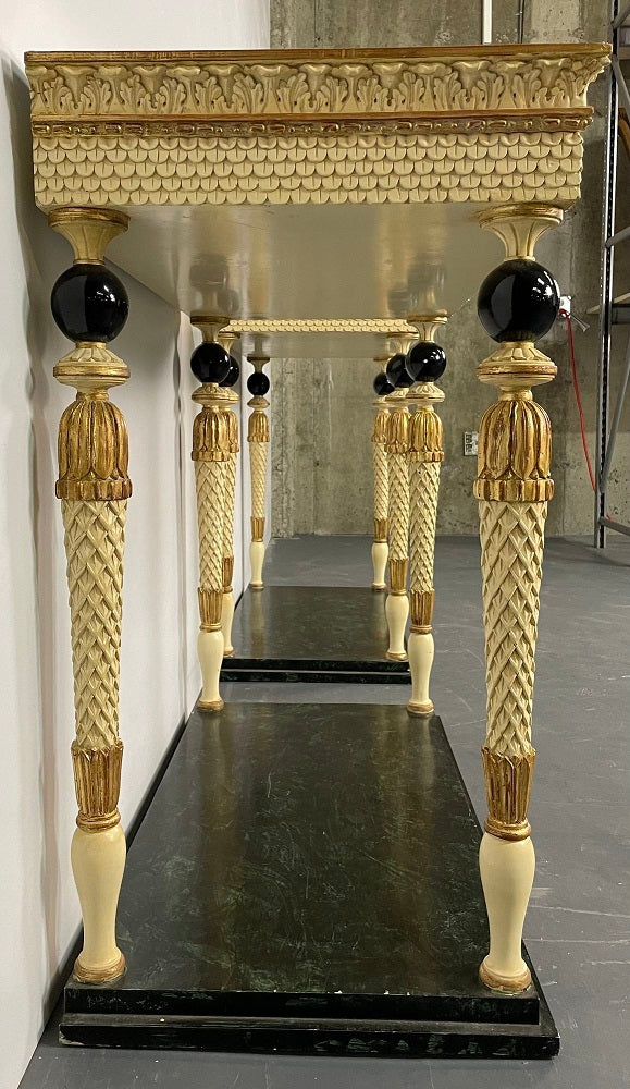 Pair of Maison Jansen Console Tables, Neoclassical, Marble Top, Paint Decorated