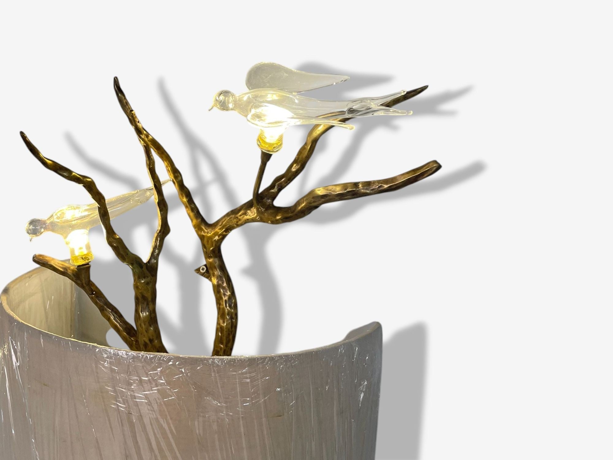 Brutalist Modern, Hammered Bronze, Crystal, Linen, Bird Wall Sconces, 21st C.