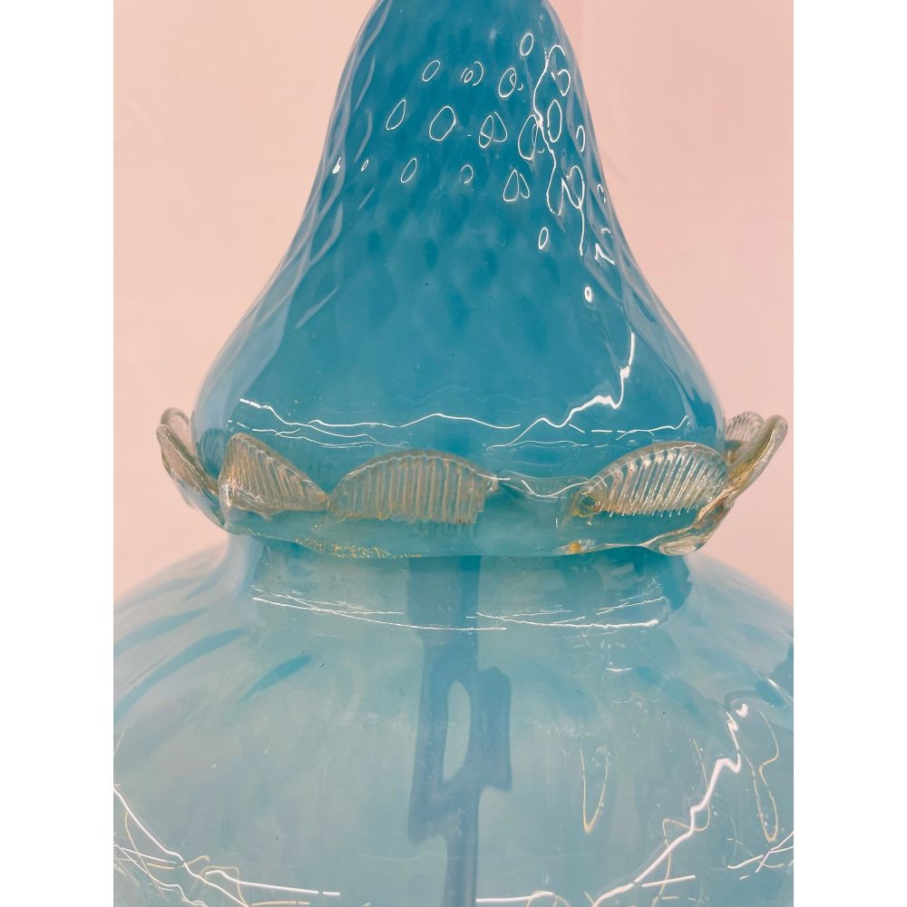 Pair of Italian Mid-Century Modern Murano Glass Table Lamps, Turquoise, Brass