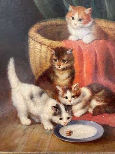 19th/20th Century Oil Painting of Kittens in a Basket at Feeding Time