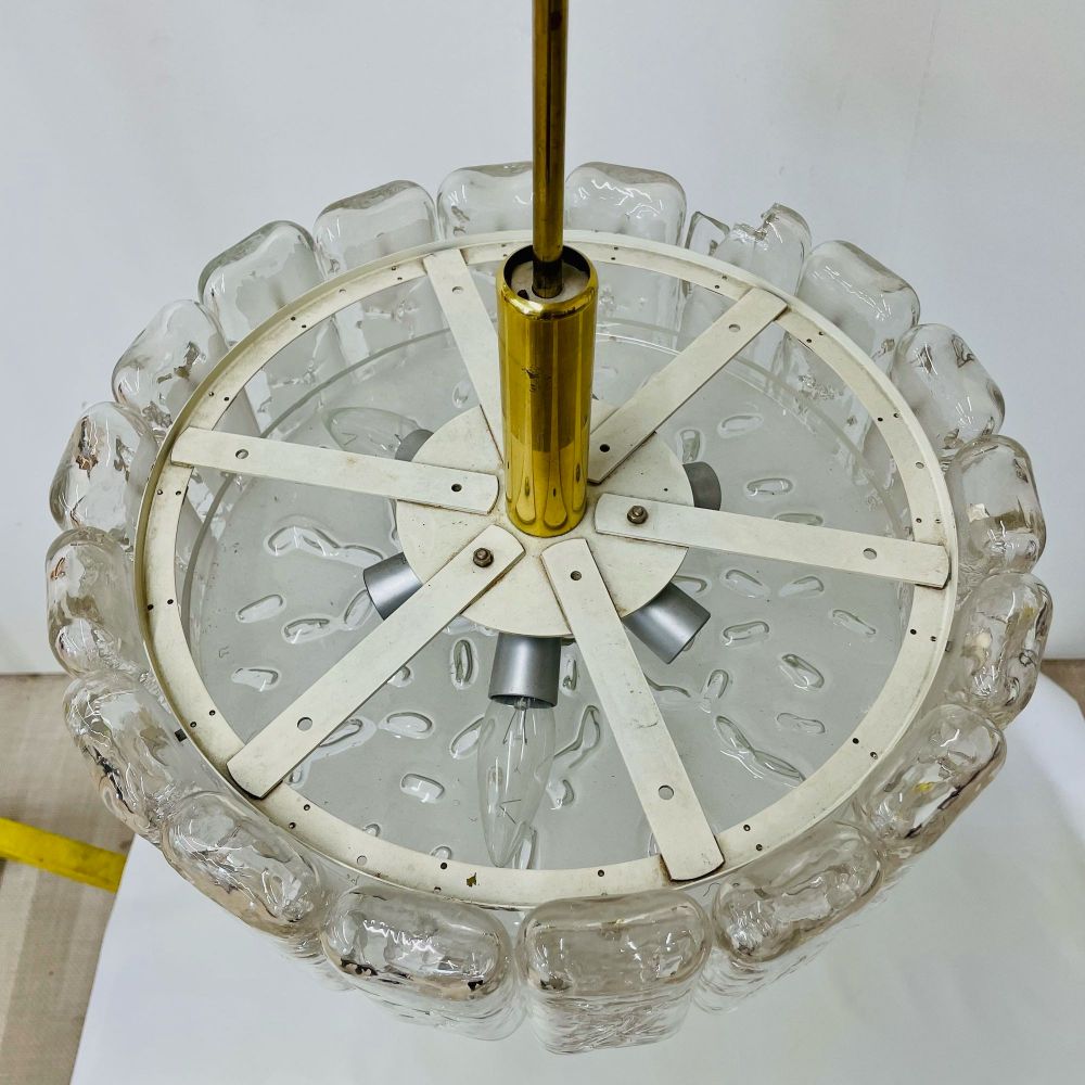 Small Circular German Mid-Century Modern Ice Glass Chandelier / Pendant, 1970s