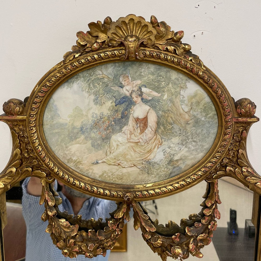 French Neoclassical Style Giltwood Wall / Console Mirror with Oval Artwork
