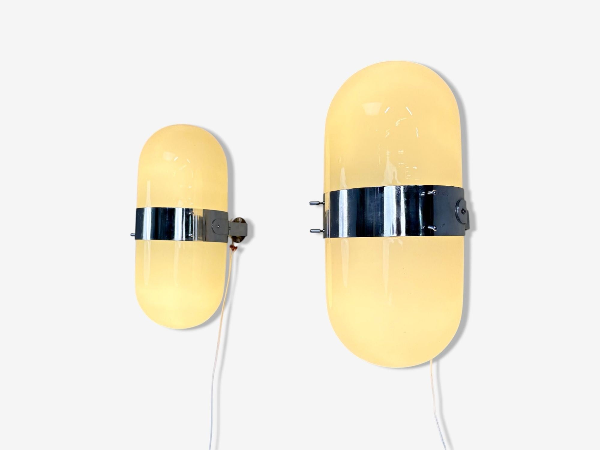 Italian Modern, Opaline Glass, Chrome, Space Age Wall Sconces, Italy, 1970s