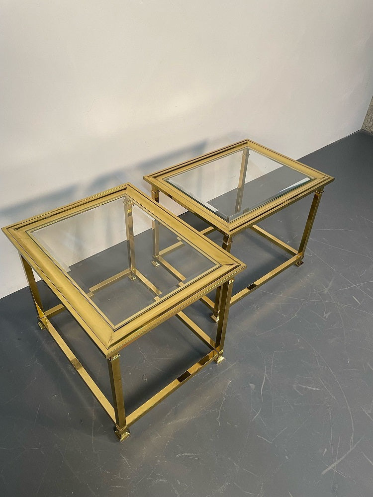 Pair Hollywood Regency Mastercraft Brass, Glass End / Side Tables, Mid-Century