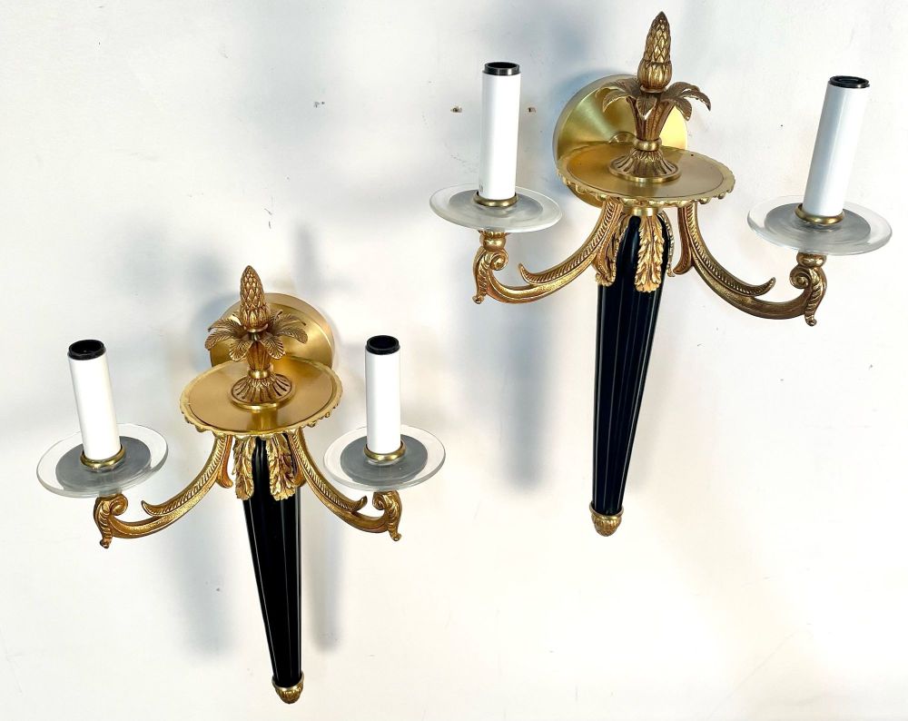 Pair Louis XVI Style French Sconces / Wall Lights, Ebony, Bronze, Maison Bagues